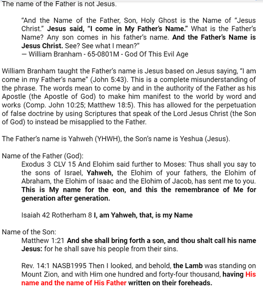 The name of the Father is not Jesus as William Branham said