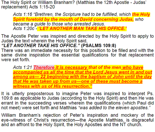 ​THE HOLY SPIRIT OR WILLIAM BRANHAM? (MATTHIAS THE 12TH APOSTLE - JUDAS’ REPLACEMENT)